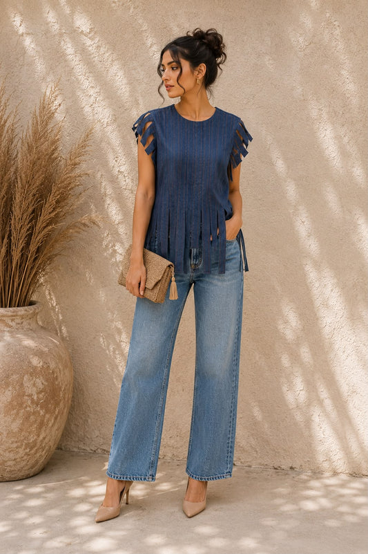 DENIM FRINGED TOP