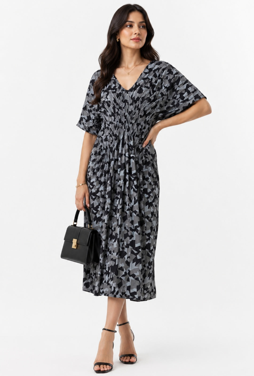 BLACK AMRY PLEATED DRESS
